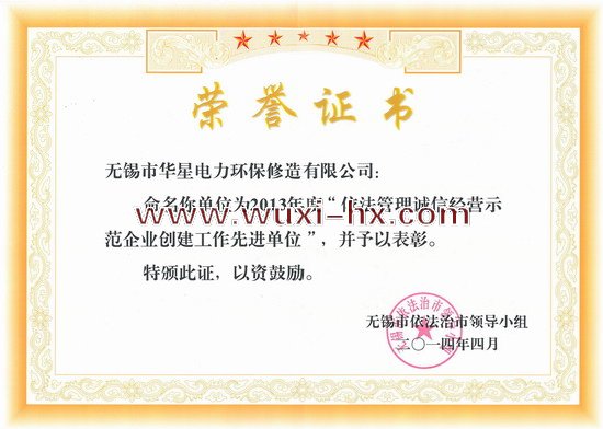 依法管理誠信經(jīng)營先進(jìn)企業(yè)